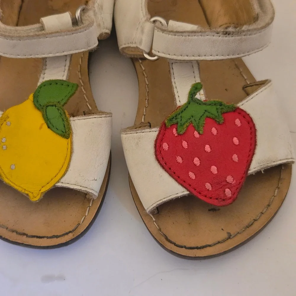 Minibird Kids White Leather Fruit Sandals Lemon Strawberry T-Strap Size 25/8.5c